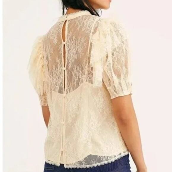 Free People Cream Sheer Lace Overlay Lined Short Sleeve Blouse Small Feminine - Picture 2 of 11